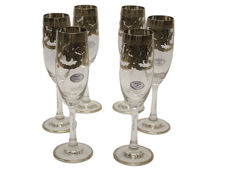 Italian Crystal Set of 6 Champagne Flutes with Platinum Design 