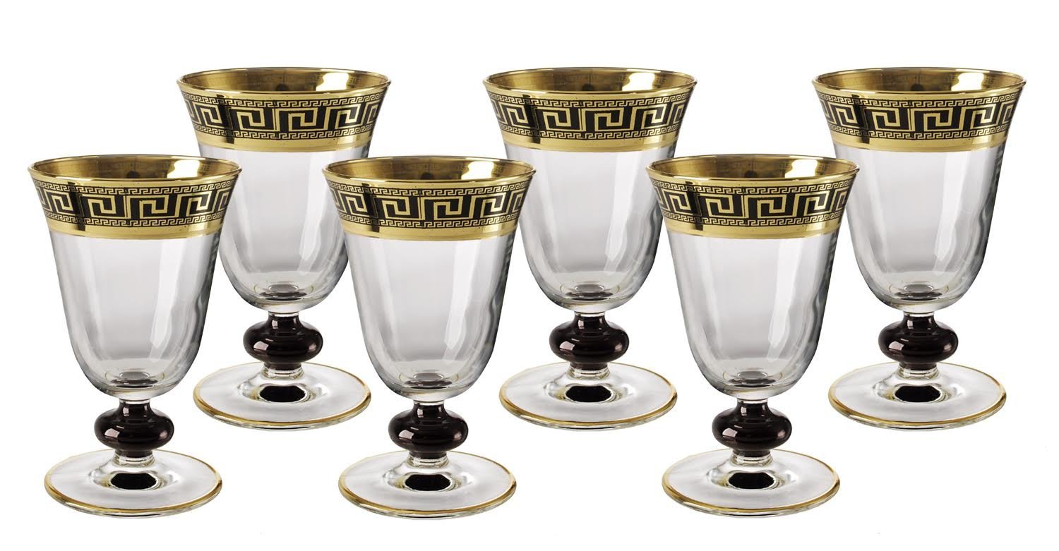 Italian Versace Crystal Wine Glasses Gold And Black Design Set of Six 