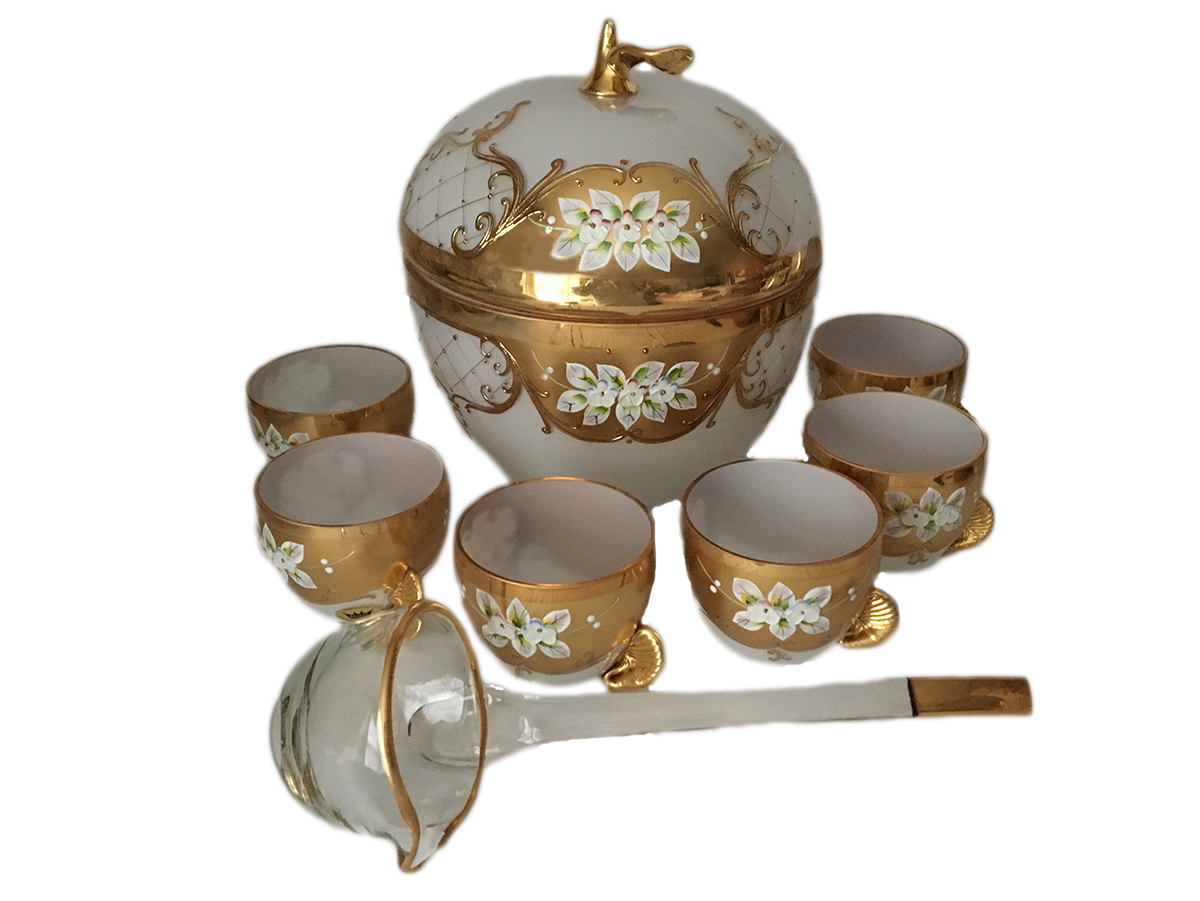 Bohemian Crystal High Enameled Punch Set White