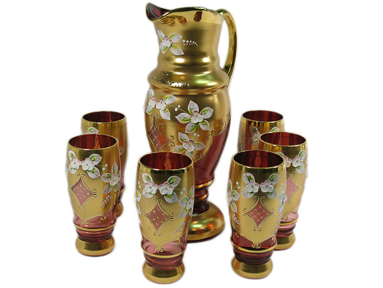 Bohemian Crystal High Enameled Water / Beer 7 pcs Set Ruby / Red 