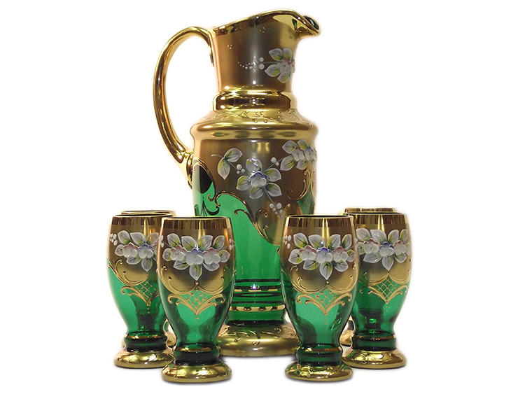 Bohemian Crystal High Enameled Water / Beer Set Green 7 pcs