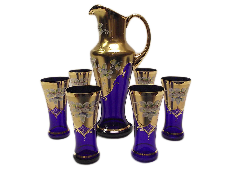 Bohemian Crystal High Enameled Water / Beer Set Blue 7 pcs