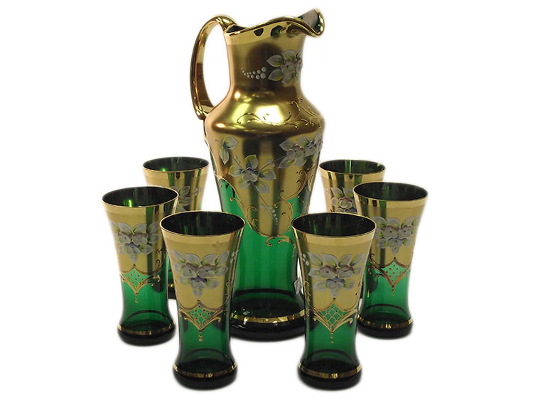 Bohemian Crystal High Enameled Water / Beer Set Green 7 pcs