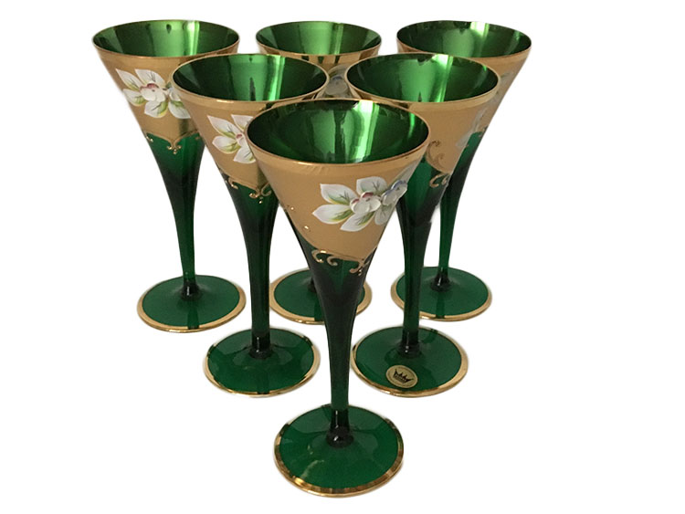 Bohemian Crystal High Enameled Glasses Green 150 ml / 5 oz
