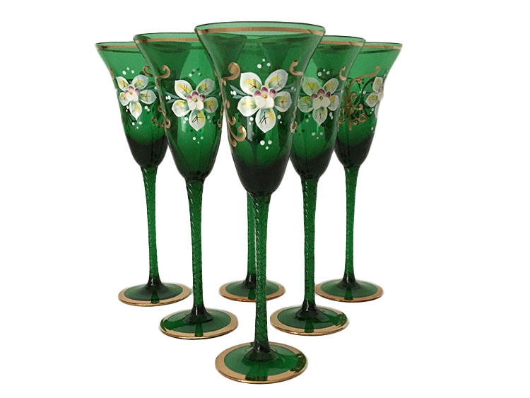 Bohemian Crystal High Enameled Glasses Green 120 ml / 4.25 oz