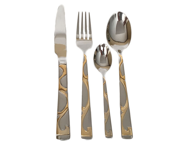 Stainless Steel Flatware Set with Gold Plated Swirl Design in Wooden Box 