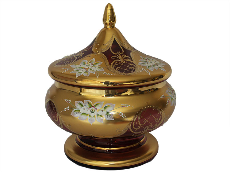 Bohemian Crystal High Enameled Large Bowl with Lid Red / Ruby