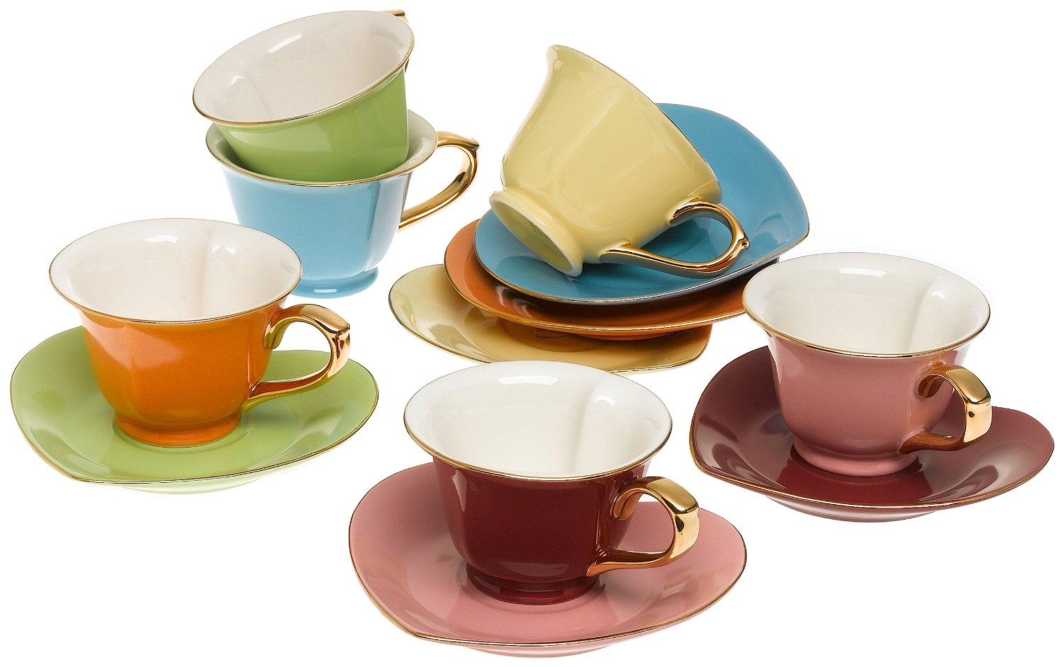Classic Coffee & Tea Cups & Saucers, Set of 6, Assorted Colors, Inside Out Heart Design
