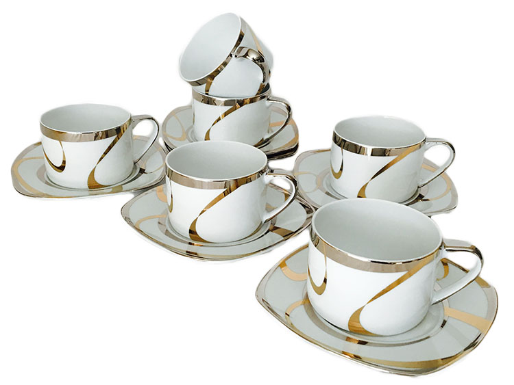 Classic Coffee & Tea Metallic Swirl Design Cups and Saucers