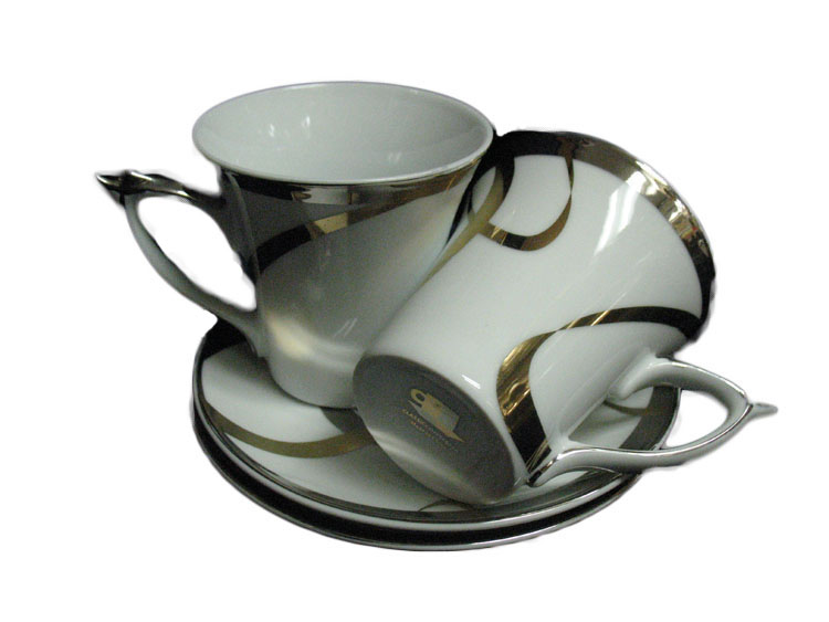 Classic Coffee & Tea Cups and Saucers with Metallic Swirl Design 
