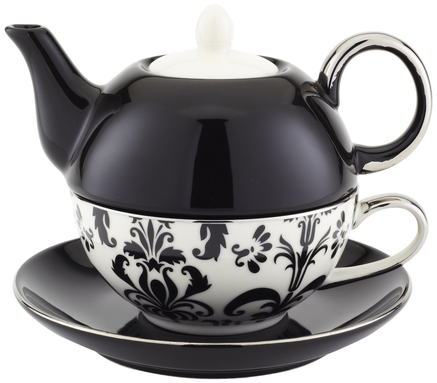 Classic Coffee & Tea Chic Tea Set for One in Black & White Damask Design